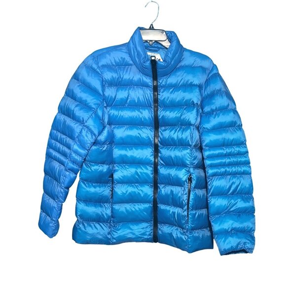32 Degrees Heat Women Recycled Puffer Jacket Lightweight Warm Blue Zip-Up Large - Picture 1 of 11